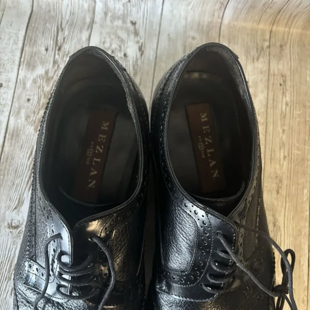 Mezlan Ponce Genuine Deerskin Polished Leather Wingtip - Black Mens's‎ Size 9 M